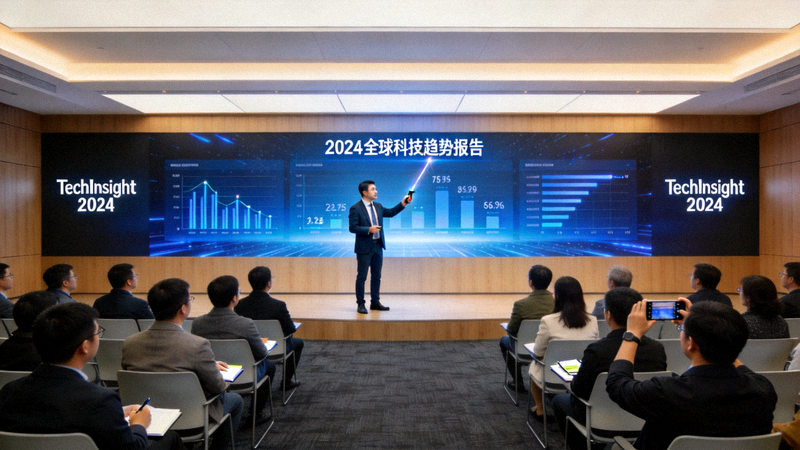 科技资讯发布会现场，演讲者正在讲解最新技术趋势